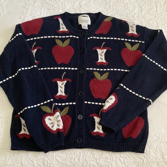 Vintage Christopher & Banks Hand Embroidered Apple Teacher Cardigan Navy Small - Picture 7 of 11